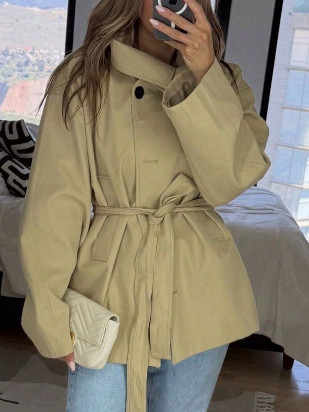 Khaki Casual Women's Elegant Street Style Trench Coat - Picture 2 of 9